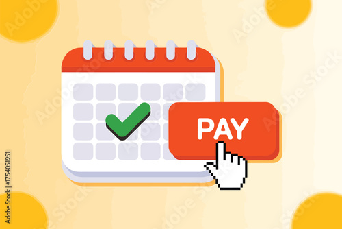 A calendar with a green checkmark and a pay button, indicating a payment schedule isolated on on transparent background