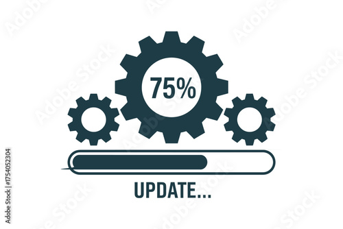 The update is in progress with gears and a loading bar, showing 75 completion on transparent background