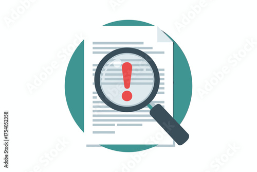 Attention needed document with exclamation mark under magnifying glass, highlighting error, warning, and critical issue on transparent background