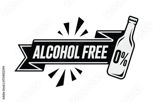 Alcohol free label with a bottle, promoting nonalcoholic beverages and a healthy lifestyle with zero percent alcohol on transparent background