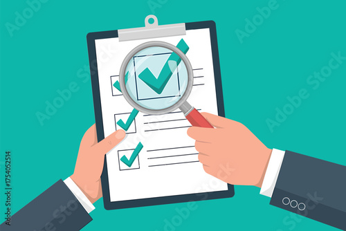 A clipboard with checkmarks being inspected with a magnifying glass isolated on, representing quality control, verification, and approval process on transparent background