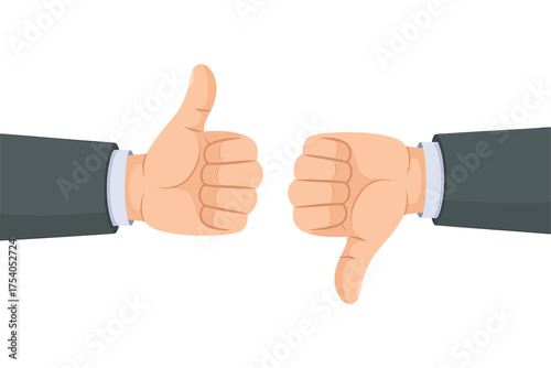 Illustration of thumbs up and thumbs down hands, representing agreement and disagreement, isolated on on transparent background