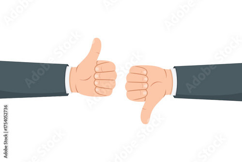Thumbs up and thumbs down isolated on, representing agreement and disagreement, positive and negative feedback, or approval and disapproval on transparent background