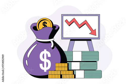 Financial loss concept with a falling graph, money bag, and coins isolated on symbolizes economic downturn and investment risk on transparent background