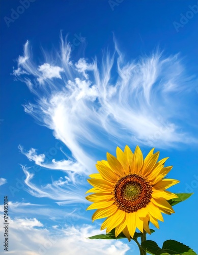 Sunny sunflower with textured blue sky and wispy white clouds