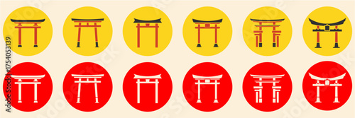 Torii Asian gate with circle sun vector. Ideal for Japanese culture, rising sun, and sacred entrance themes. This graphic symbolizes tradition, sunrise, and Asian travel.