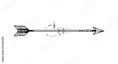 Detailed black and white illustration of a traditional hunting arrow, featuring intricate fletching and a sharp arrowhead, embodying precision and direction in a graphic design