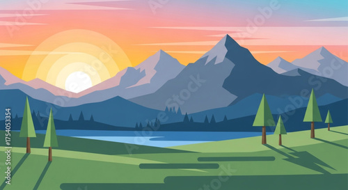 Scenic mountain landscape with a lake and trees at sunset, creating a peaceful and serene atmosphere with a vibrant color palette