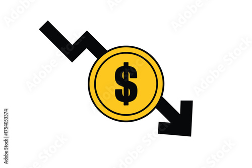 Falling dollar coin with downward arrow isolated on, concept of economic recession, financial crisis, market crash, and bankruptcy on transparent background