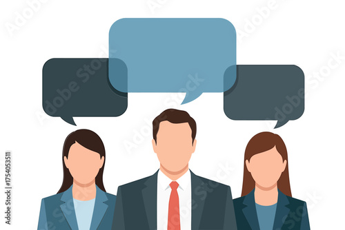 A group of people with speech bubbles above their heads, isolated on, representing communication and discussion on transparent background
