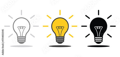 Set of light bulb icons isolated on, representing idea, innovation, solution, inspiration, creativity, and energy in gray, yellow, and black colors on transparent background