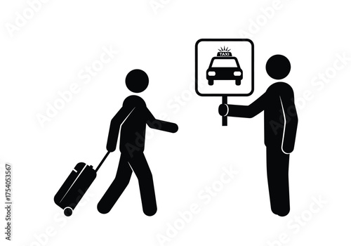 Stick figure of a passenger with luggage being picked up by a taxi driver holding a sign, isolated on on transparent background