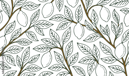 Elegant seamless vector pattern featuring detailed line art of lemon branches and leaves. A sophisticated, minimalist botanical design with a vintage feel, perfect for stationery, luxury packaging