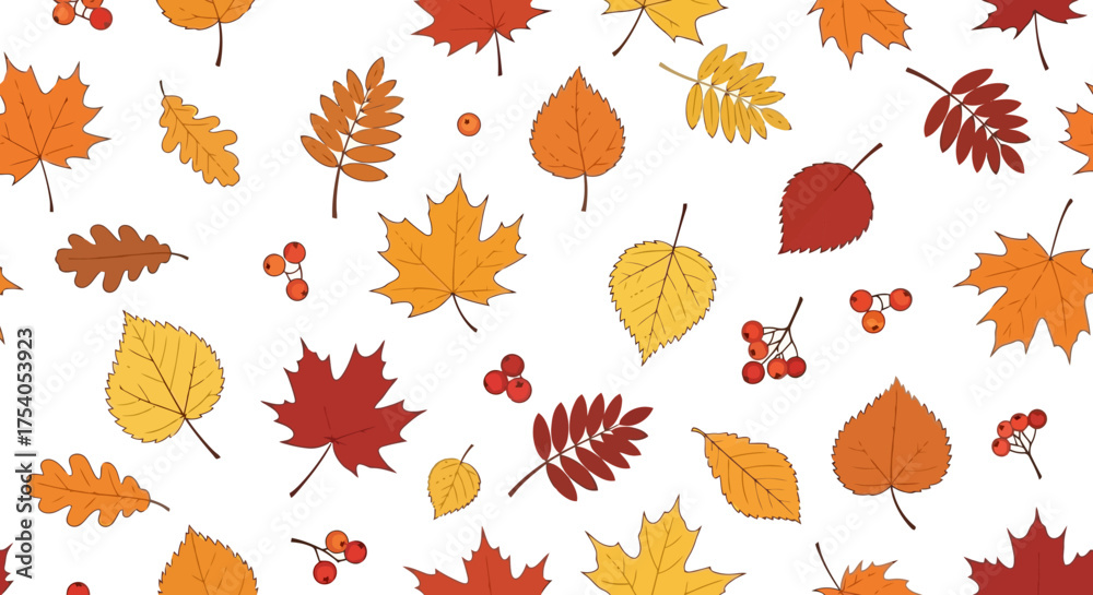 Obraz premium Seamless pattern of colorful autumn leaves and berries on a white background.
