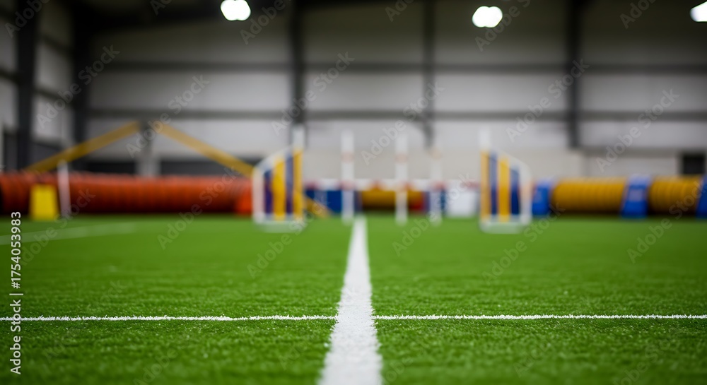 Fototapeta premium Indoor agility training facility with turf field and obstacles for dogs for commercial usage and mockups