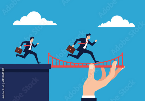 Businessmen running on a bridge supported by a hand, illustrating support, teamwork, opportunity, career advancement, and overcoming challenges in business on transparent background