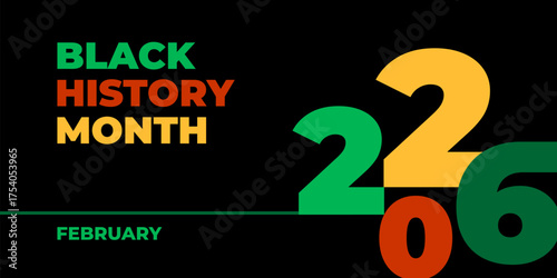 Black history month 2026 vector banner. Numbers with African colors. African-American History Month illustration for social media, card, poster on black background.