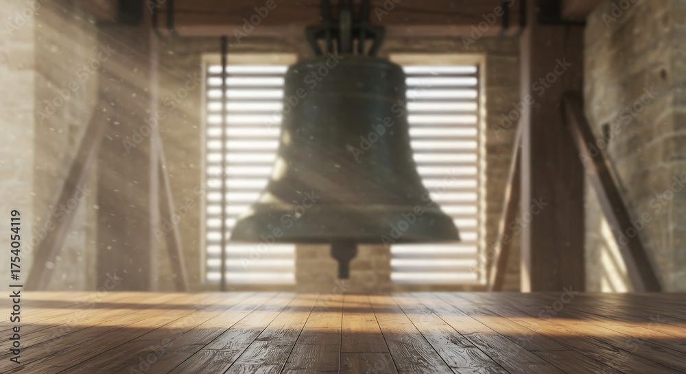 Obraz premium A large bronze bell hangs in a bell tower, illuminated by sunbeams for commercial usage and mockups