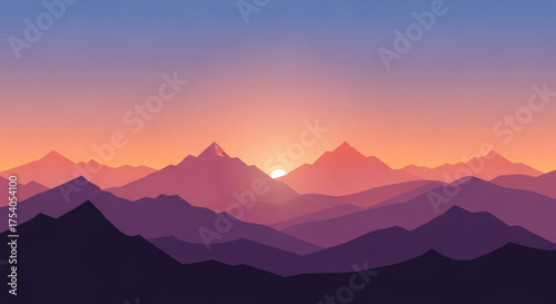 Majestic mountain range at sunset, with warm hues painting the sky as the sun dips below the horizon, creating a serene and picturesque scene