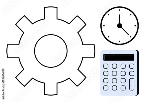 Gear representing processes, clock symbolizing time, and calculator for calculations. Ideal for productivity, workflow, time management, planning, organization, efficiency simple flat metaphor