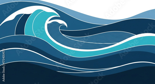 A dynamic illustration of ocean waves with varying shades of blue and white, creating a sense of movement and depth