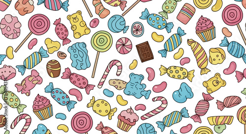 A colorful seamless pattern of various cartoon candies and sweets on a white background.