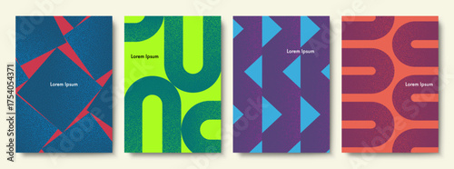 Set of Colorful Geometric Covers for Printing. Vector Abstract Illustration. Stippled Texture.