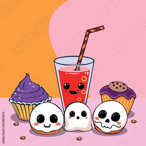 Cute Halloween Sweets and Drinks Illustration Kawaii Cupcakes, Ghost Donuts, and Spooky Juice