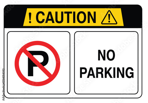 Caution no parking sign isolated on, indicating restricted area, safety measure, and traffic regulation, ensuring compliance and preventing unauthorized vehicle placement on transparent background