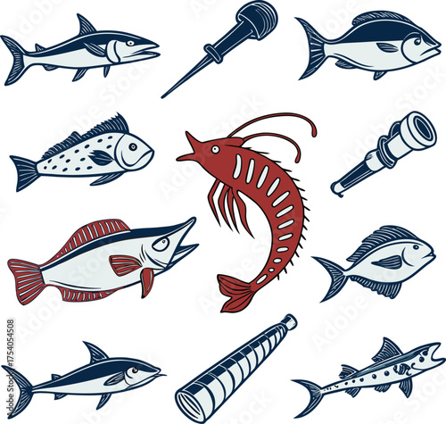 Fishing Tools and Seafood Collection Sea Creatures and Equipment Illustration.