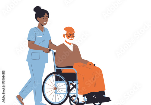 Nurse assisting senior man in wheelchair compassionate caregiver pushing elderly patient, providing support and care isolated on on transparent background