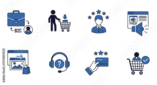 Set of business and marketing icons for online shopping and customer service, isolated on on transparent background