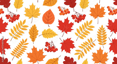Autumn leaves and berries seamless pattern on white background.