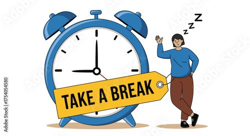 A woman taking a break from work or study, isolated on the image features a large clock with a tag that says take a break on transparent background