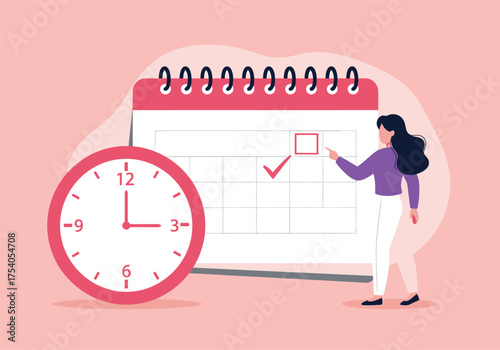 Woman marking a date on a calendar isolated on time management and planning concept with clock and calendar for scheduling on transparent background