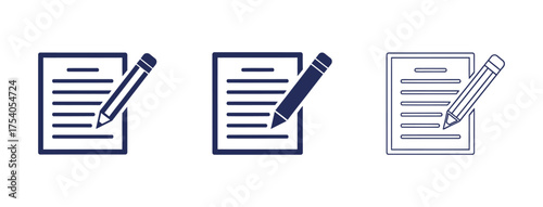 Icon set of a sheet of paper with lines and a pencil, representing writing, editing, or taking notes isolated on on transparent background