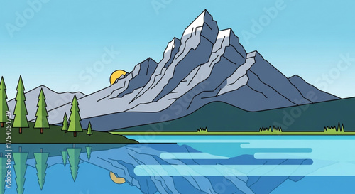A minimalist vector landscape featuring a mountain, lake, and sunrise, creating a peaceful and scenic illustration for backgrounds and designs