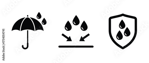 Icon set depicting waterproof and waterresistant properties, featuring an umbrella, water drops, and a shield isolated on on transparent background