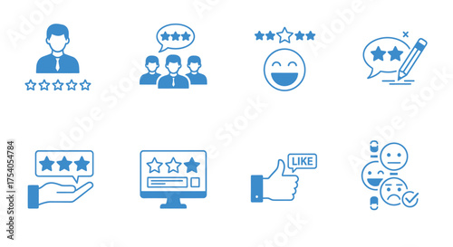 Customer review and rating icons showing feedback, satisfaction, and recommendation isolated on on transparent background