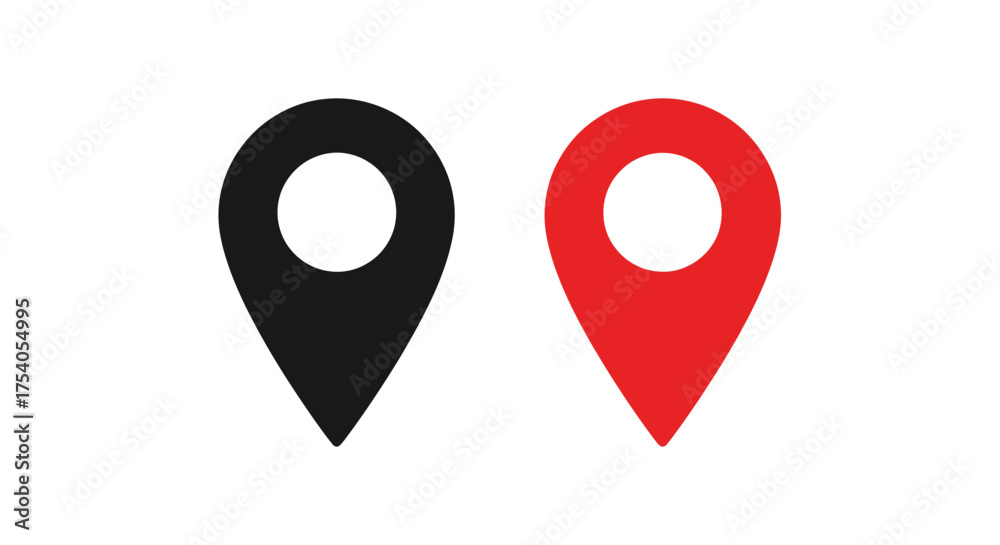 Fototapeta premium Two location pin icons, one in black and one in red, isolated on symbolizes map markers, navigation, and geographic points on transparent background