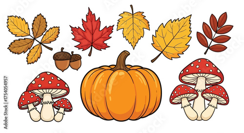 A collection of autumn elements including a pumpkin, colorful fall leaves, acorns, and red spotted mushrooms on a white background.