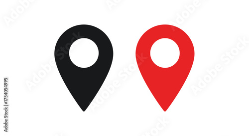 Two location pin icons, one in black and one in red, isolated on symbolizes map markers, navigation, and geographic points on transparent background