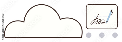 Cloud outline next to a digital document with a pen icon signing on it. Ideal for security, technology, digital transformation, efficiency, cloud computing, business workflows, and remote work. A