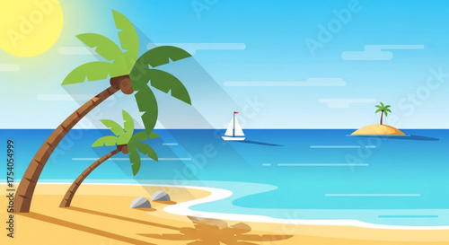 A serene beach scene with palm trees, a sailboat on the horizon, and a distant island, capturing the essence of a peaceful tropical getaway