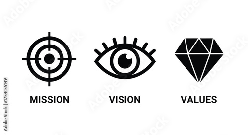 Mission, vision and values icons isolated on target, eye and diamond symbols representing the core principles of a company or organization on transparent background