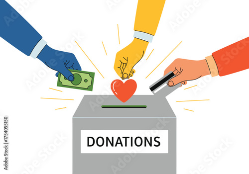 Donations box with hands putting money and heart isolated on charity and giving concept for support and community assistance on transparent background