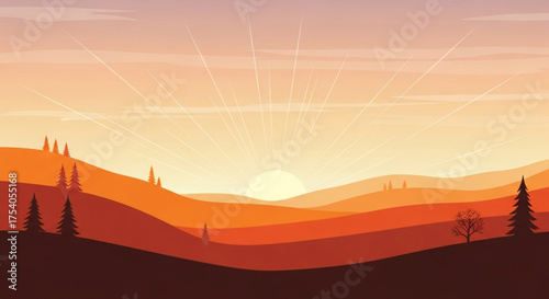 A serene sunset over a hilly landscape with silhouetted trees creates a peaceful and picturesque scene, showcasing the beauty of nature