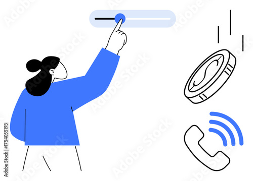 Person sliding control for settings, with coin representing payment and phone indicating communication. Ideal for finance, technology, apps, customization, communication, user interface