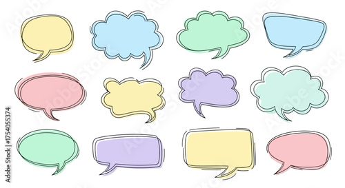 A collection of twelve hand-drawn speech bubbles in various pastel colors and shapes.