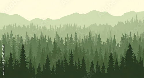 A serene vista of layered evergreen forests stretches into the distance, with misty mountains providing a tranquil backdrop